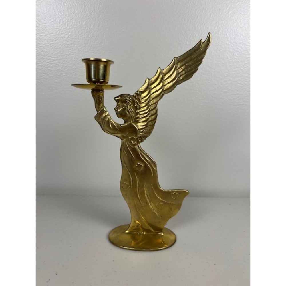 Vintage Solid Brass Angel Candlestick Holder Gold Tone Winged Celestial 8.5 inch